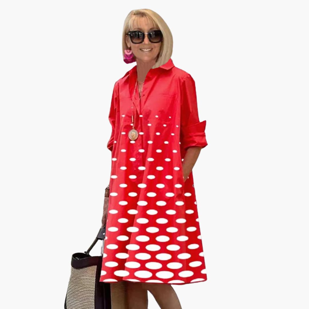 CM | Vestido midi de mujer con manga larga y estampado de lunares