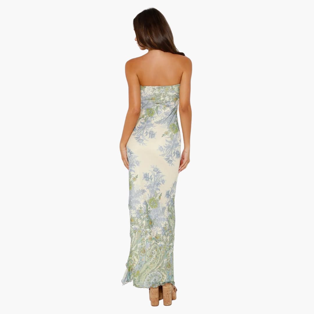 CM | maxi vestido sin tirantes con estampado floral y abertura alta en el bajo