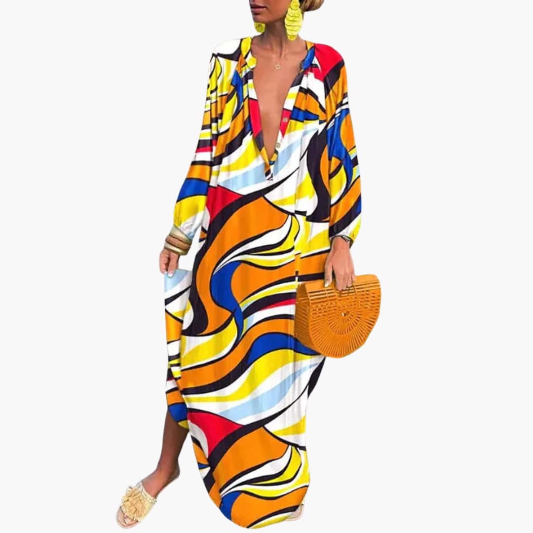 CM | Maxi vestido de mujer con manga larga y llamativo estampado