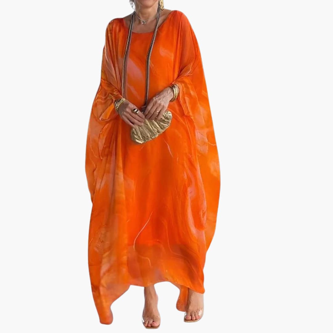 CM | Maxi vestido de mujer en gasa de seda con mangas murciélago y superposiciones