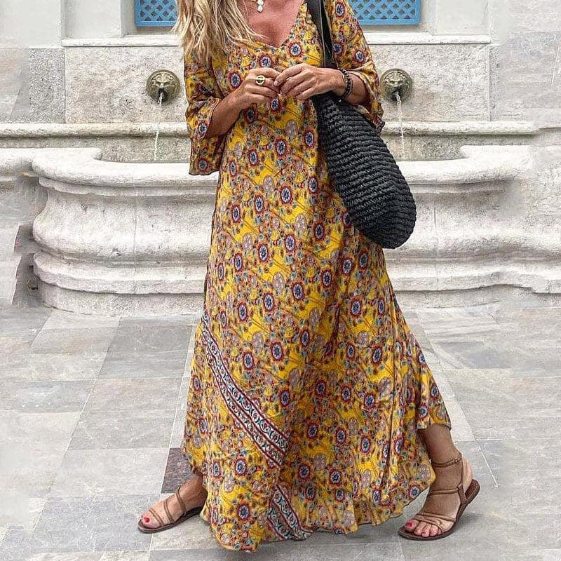 CM | Maxivestido de mujer - Corte holgado - Cuello en pico - Mangas largas - Aberturas laterales - Estampado atrevido