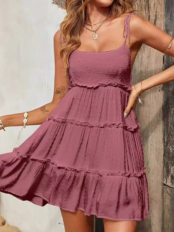 CM | Loose jacquard capas plisado espagueti cuello mini vestidos