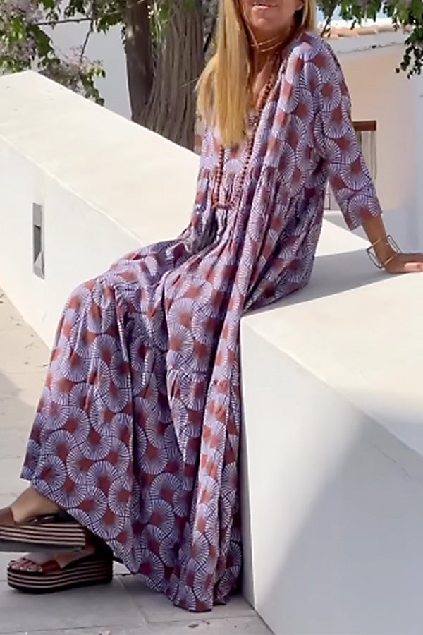 CM | Ibiza Fashion Print Cuello V Suelto Vestido Largo Manga Larga