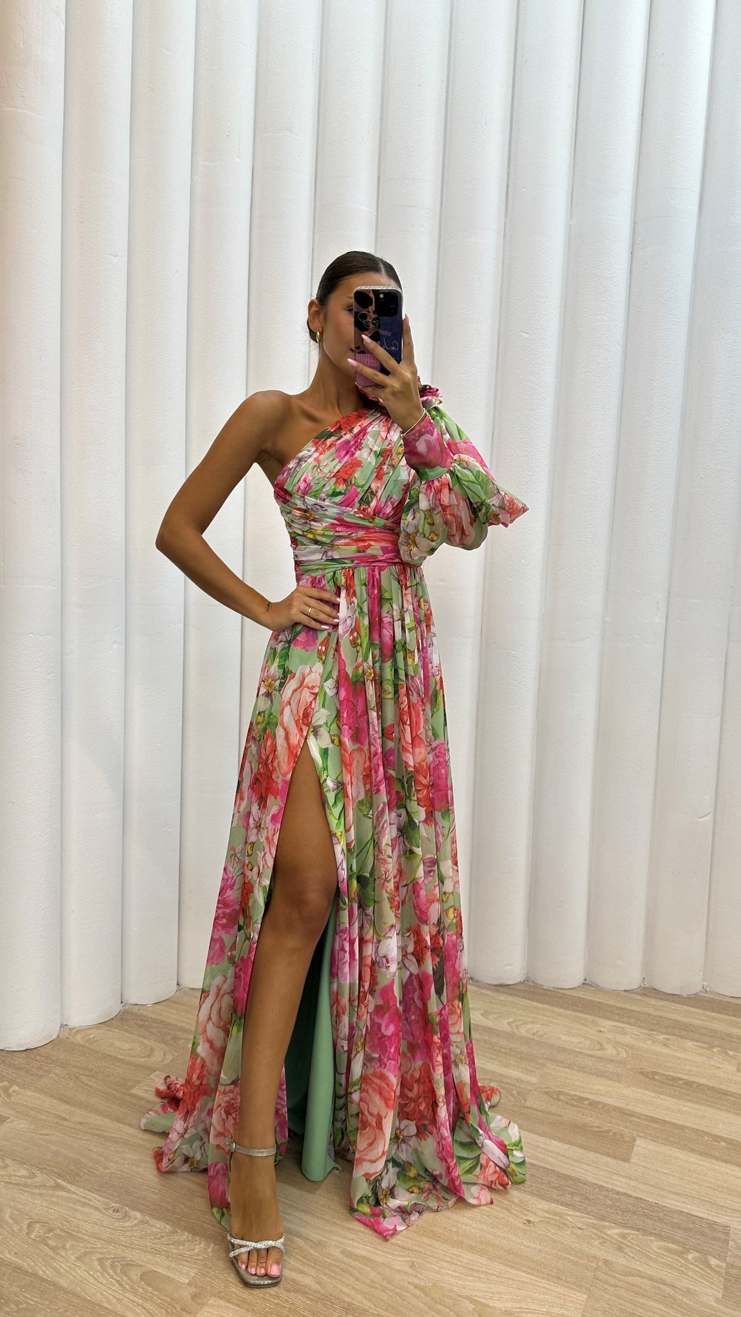 CM | Maxi Vestido de Mujer - Un Hombro - Estampado Floral - Alta Abertura - Tejido Lujoso