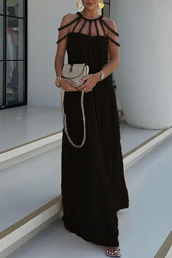 CM | Vestido Largo Mujer - Corte Relajado - Cuello Halter - Detalles Trenzados - Fibras Naturales