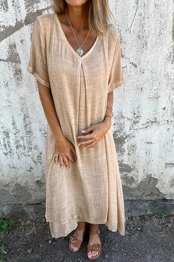 CM | Bayside Bliss vestido midi suelto plisado de manga corta en mezcla de lino