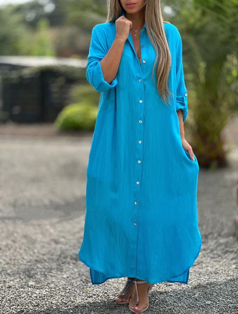 CM | Vestido camisero casual monocolor de señora con tapeta de botones