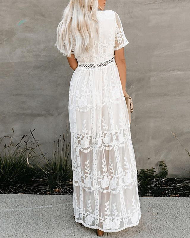 CM | Boho Maxi Vestido Bordado Blanco Encaje Loose Holiday Beach Maxi Dress