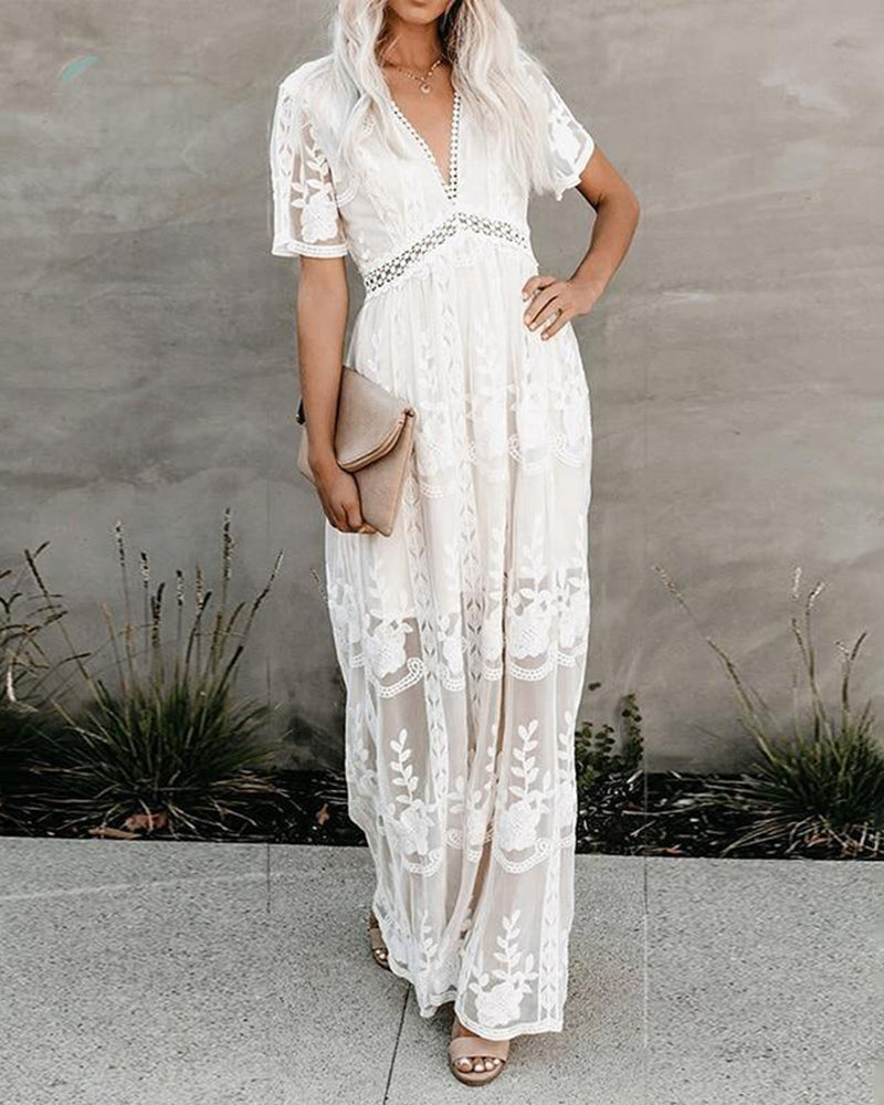 CM | Boho Maxi Vestido Bordado Blanco Encaje Loose Holiday Beach Maxi Dress