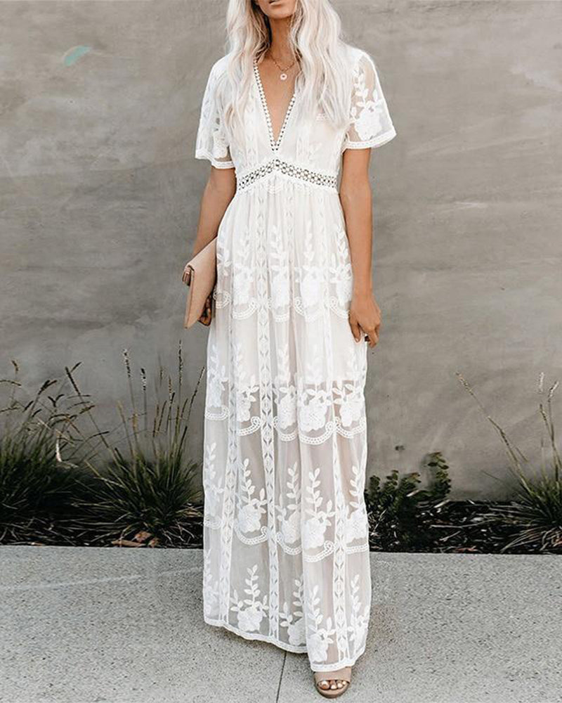 CM | Boho Maxi Vestido Bordado Blanco Encaje Loose Holiday Beach Maxi Dress