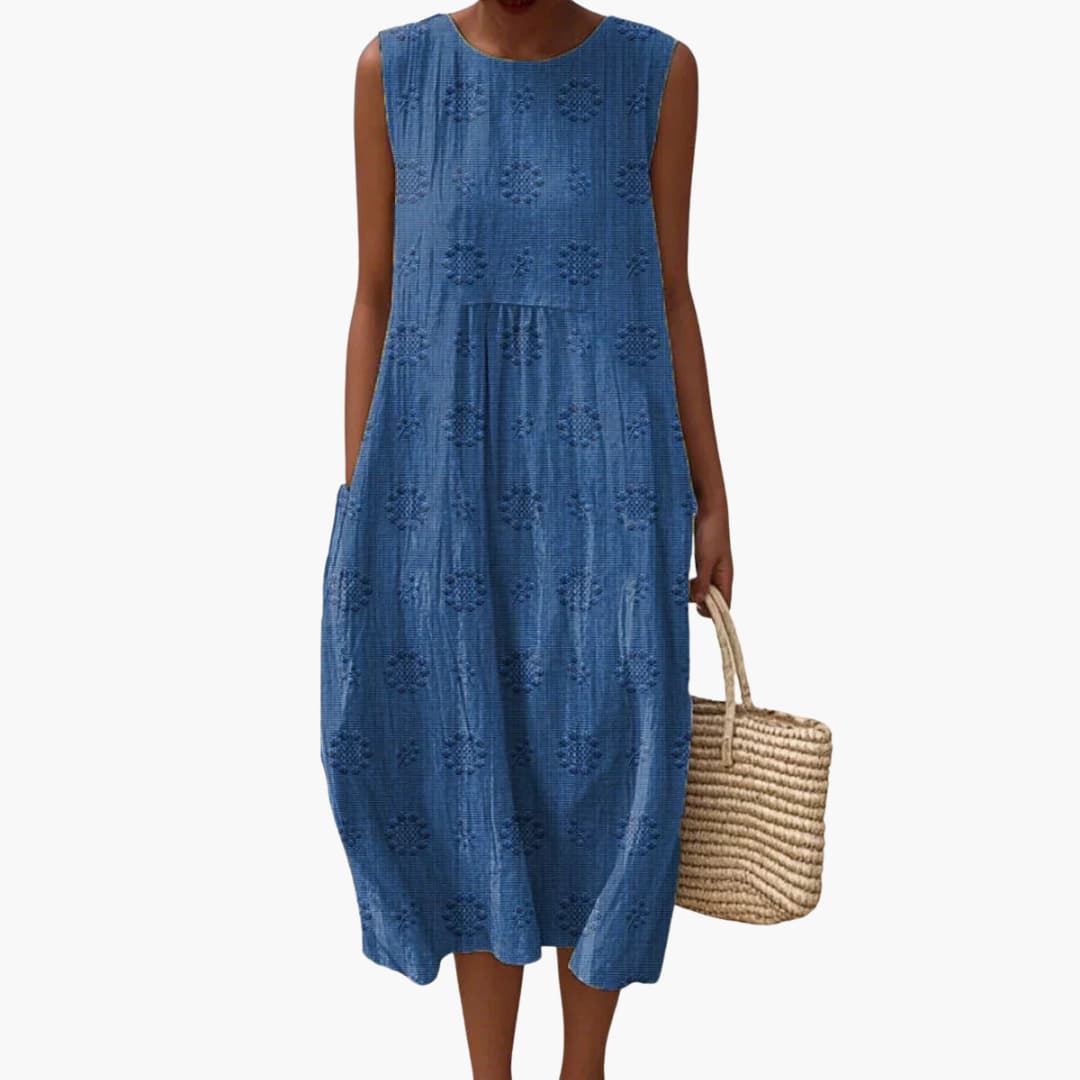 CM | Vestido midi de verano sin mangas para mujer con bolsillos laterales