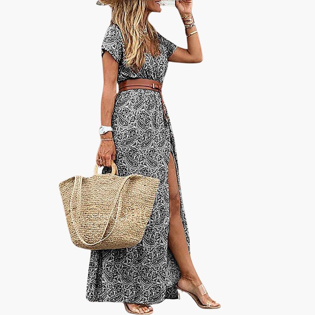 CM | maxi vestido de mujer con escote en V, manga corta y abertura lateral