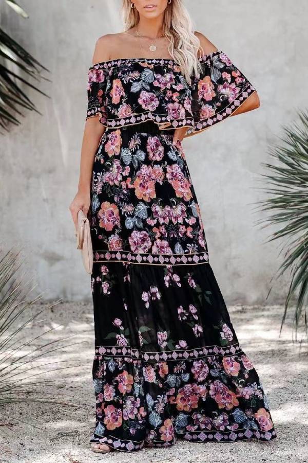CM | Vestido largo estampado con hombros al aire