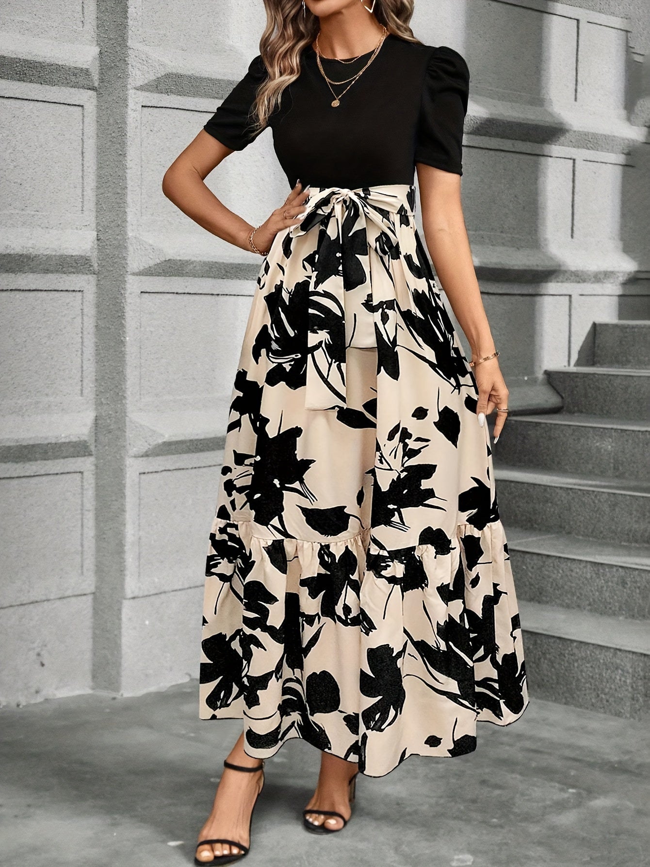 CM | Maxi Vestido de Mujer - Mangas cortas abullonadas - Lazo en la cintura - Corte en A - Estampado floral