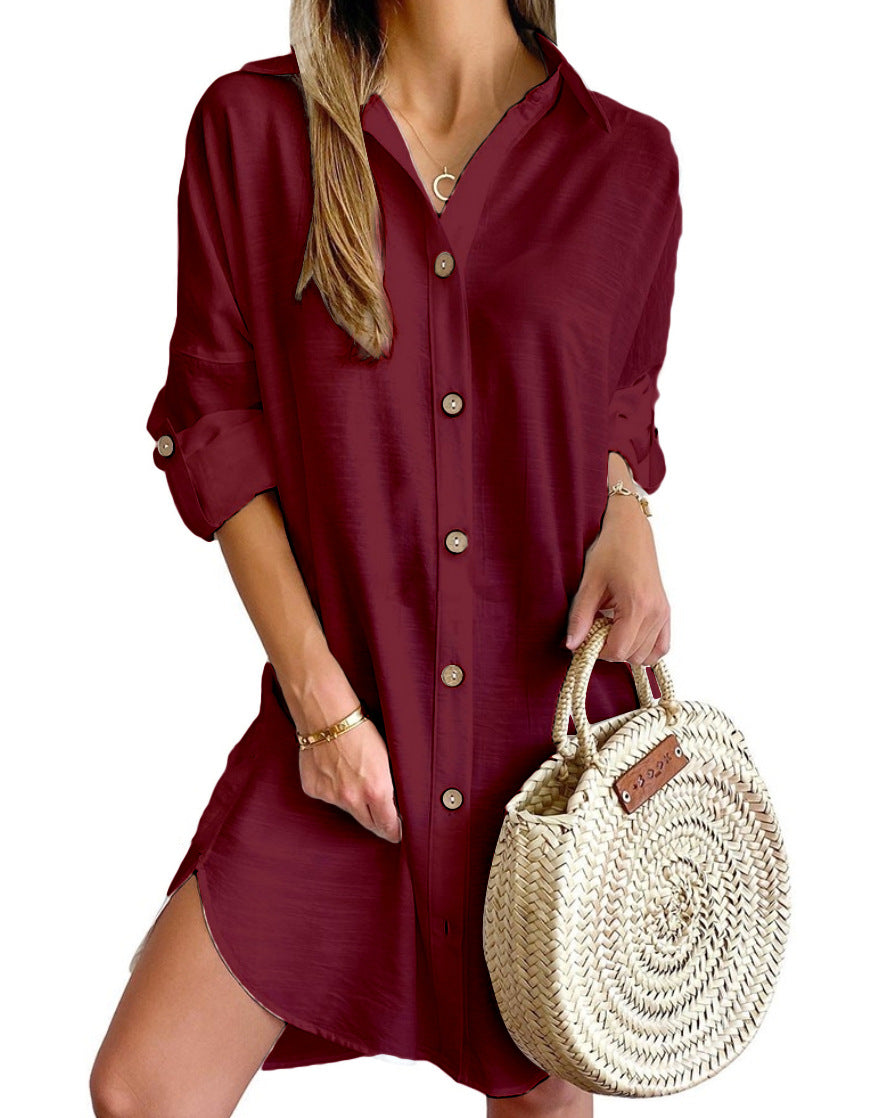 CM | vestido camisero de manga larga con solapa monocolor