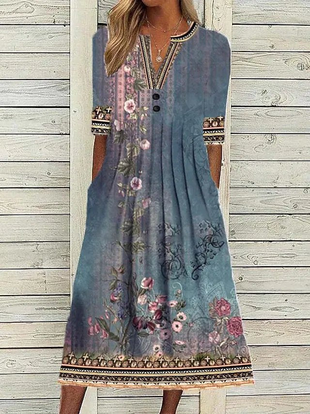 CM | Floral Otoño Micro-Elasticidad Diario Jersey Suelto Vestido Largo Tres Cuartos para Mujer AT10098