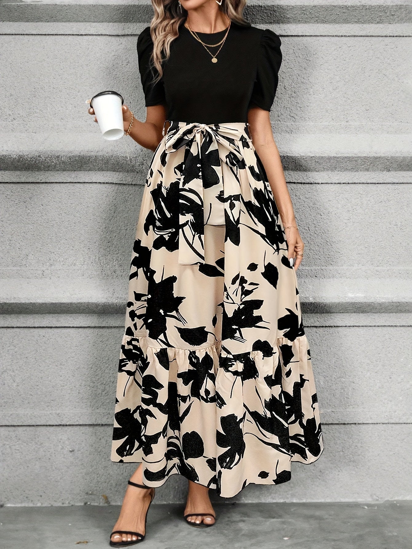 CM | Maxi Vestido de Mujer - Mangas cortas abullonadas - Lazo en la cintura - Corte en A - Estampado floral