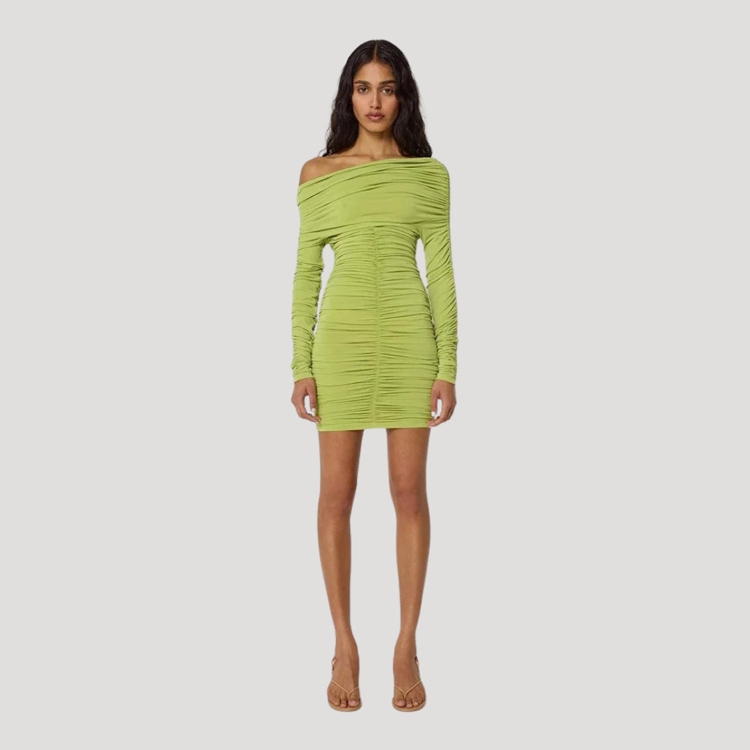 CM | Minivestido bodycon de mujer sin hombros con volantes