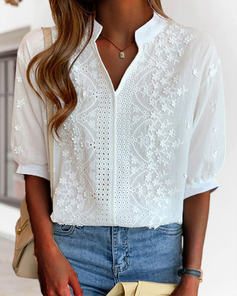CM | ojal bordado floral V-cuello manga corta blusa