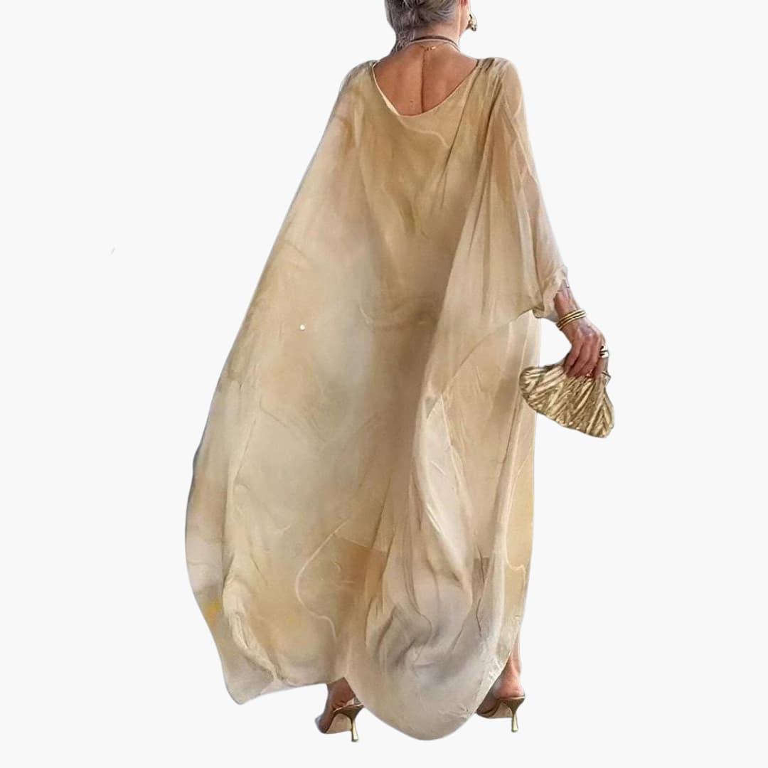 CM | Maxi vestido de mujer en gasa de seda con mangas murciélago y superposiciones