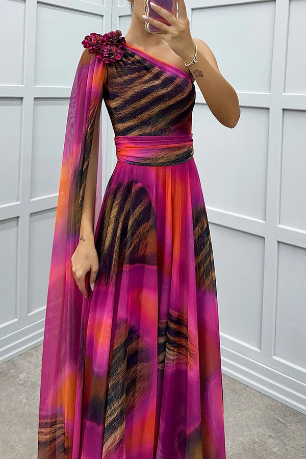 CM | Lucia Impresión única Detalle Floral Un Hombro Vestido Manga Drapeada Maxi Vestido