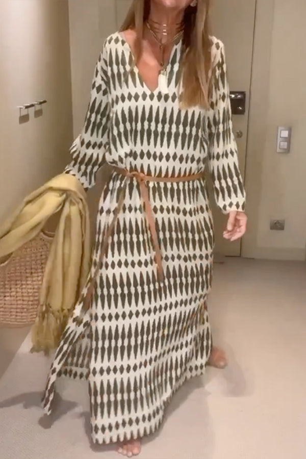 CM | Mangas Largas Estampado Suelto Cuello en V Maxi Vestidos
