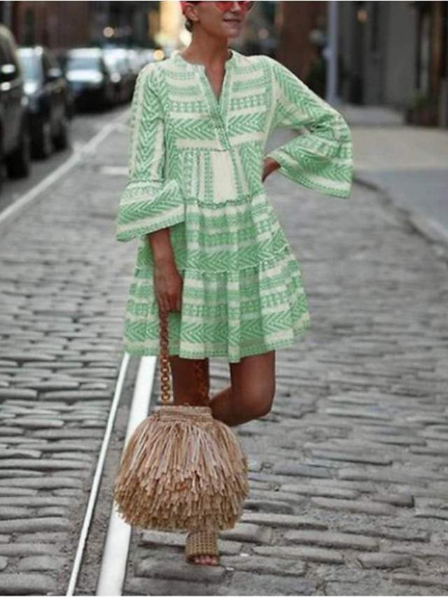 CM | Swing Vestido Corto Mini Vestido Negro Azul Rosa Rubor Verde 3/4 Longitud Manga Impresión Geométrica Primavera Verano Cuello en V Boho Flare Cuff Manga 2021 S M L XL XXL 3XL