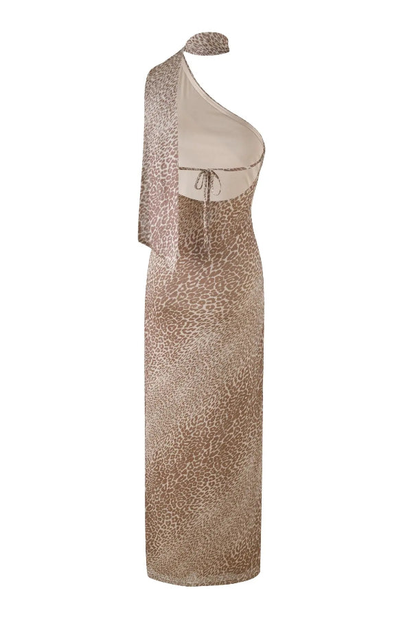 CM | maxi vestido con tirantes en la espalda y estampado de leopardo al bies