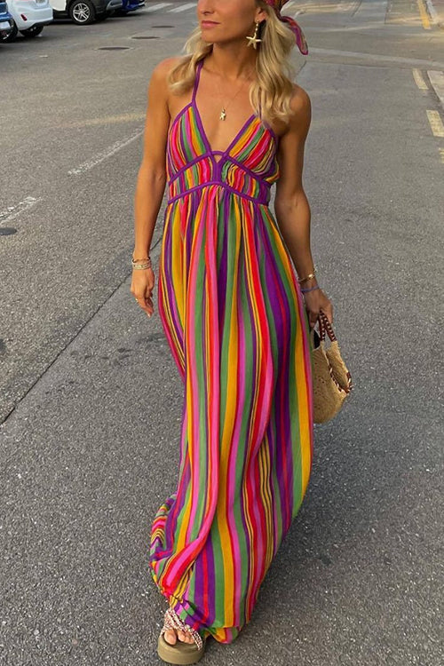 CM | Cuello en V sin espalda rayas arco iris cami maxi vestido de vacaciones