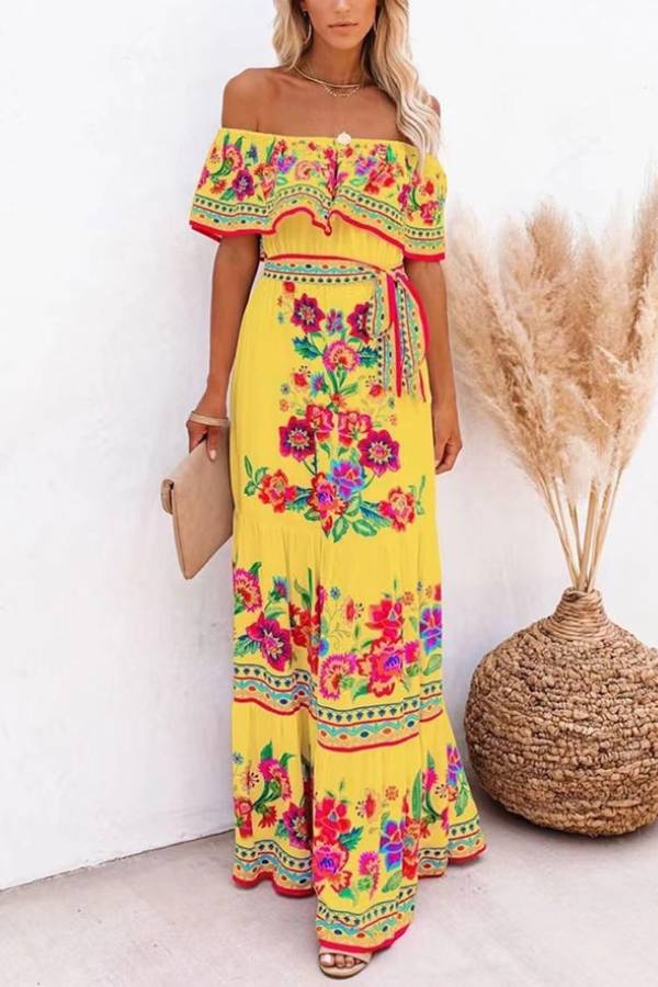 CM | Vestido largo estampado con hombros al aire
