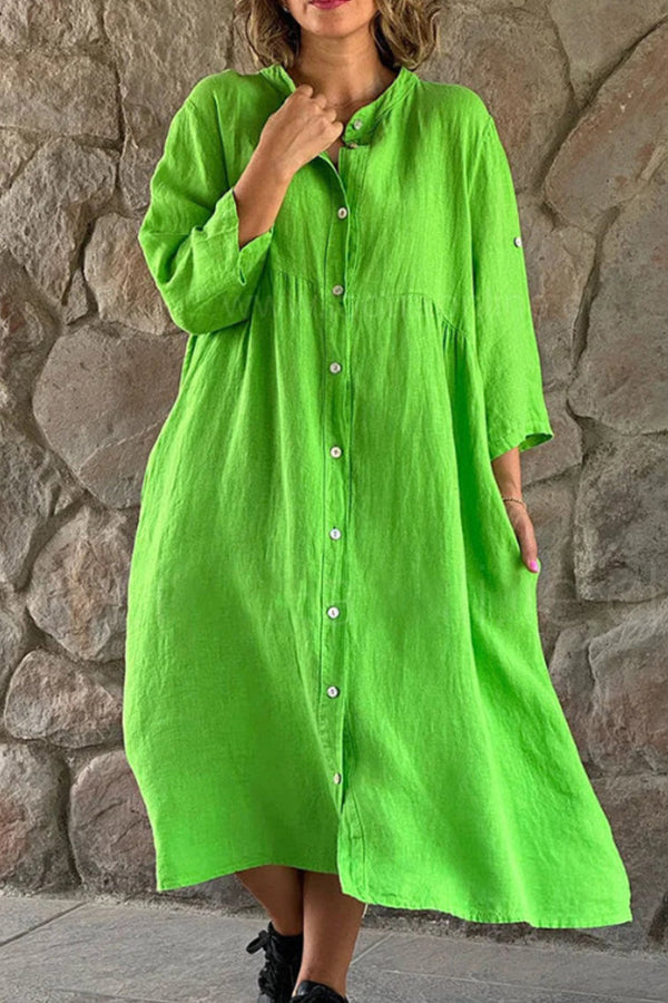 CM | algodón lino color sólido casual stand cuello botón vestido largo