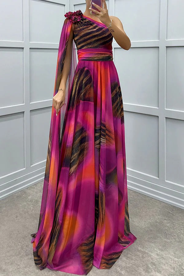 CM | Lucia Impresión única Detalle Floral Un Hombro Vestido Manga Drapeada Maxi Vestido