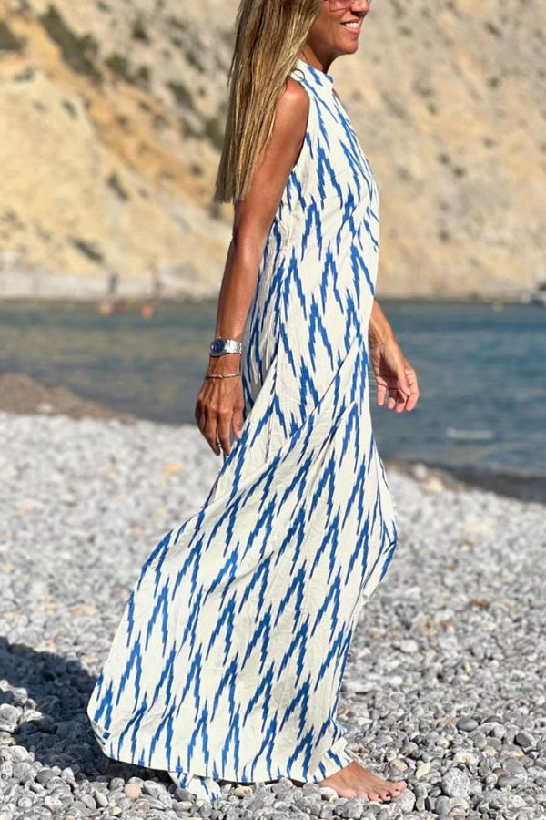 CM | Vestido Largo Casual Sin Mangas Estampado Azul