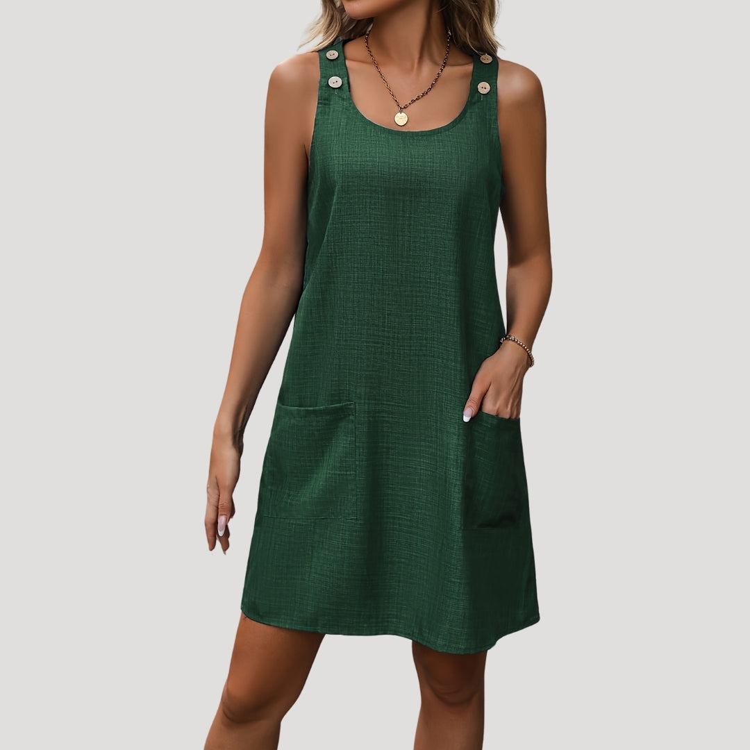 CM | Minivestido casual sin mangas para mujer con botones y tirantes
