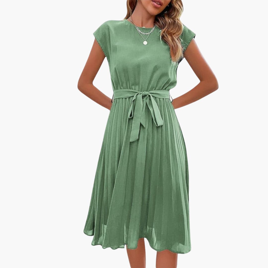 CM | Vestido midi informal de mujer con falda plisada y cinturón de anudar