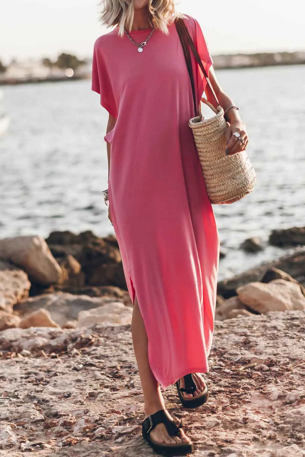 CM | Rosa escote redondo mangas murciélago partido maxi vestido camiseta