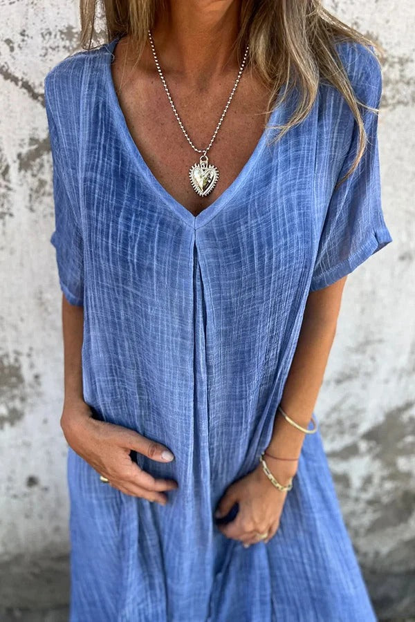 CM | Bayside Bliss vestido midi suelto plisado de manga corta en mezcla de lino