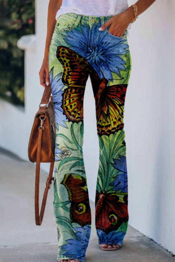 CM | Pantalones acampanados de tiro alto con estampado de imitación