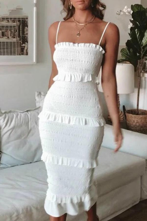 CM | Vestido midi con volantes y fruncidos