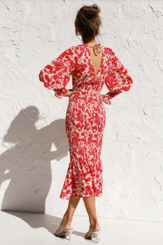 CM | Vestido midi de mujer - Escote en pico - Mangas globo - Dobladillo fruncido - Silueta entallada