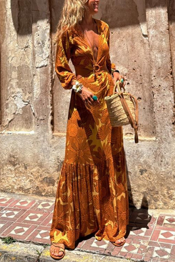CM | Vestido maxi de manga larga con escote en pico y estampado de girasoles