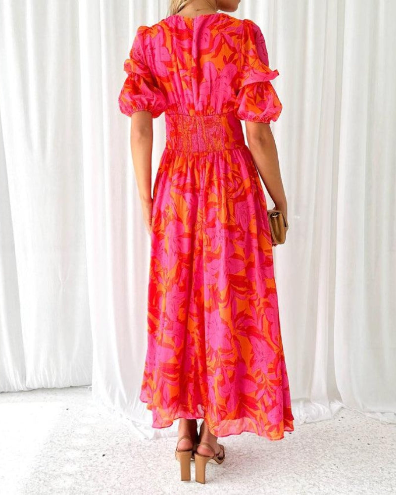 CM | Elegante maxi vestido con escote en V y mangas abullonadas
