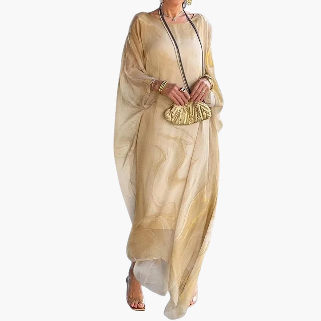 CM | Maxi vestido de mujer en gasa de seda con mangas murciélago y superposiciones