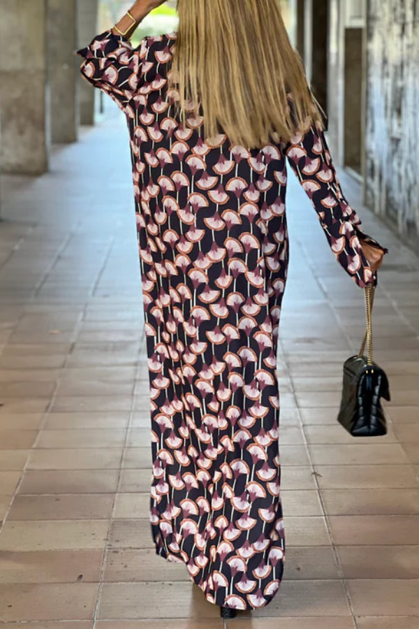 CM | Mujeres Moda Impreso V-Cuello Manga Larga Maxi Vestido