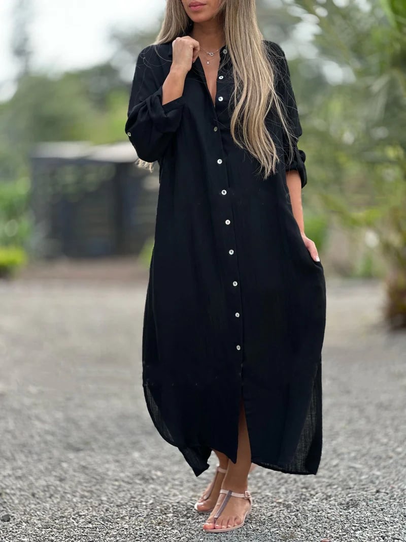CM | Vestido camisero casual monocolor de señora con tapeta de botones
