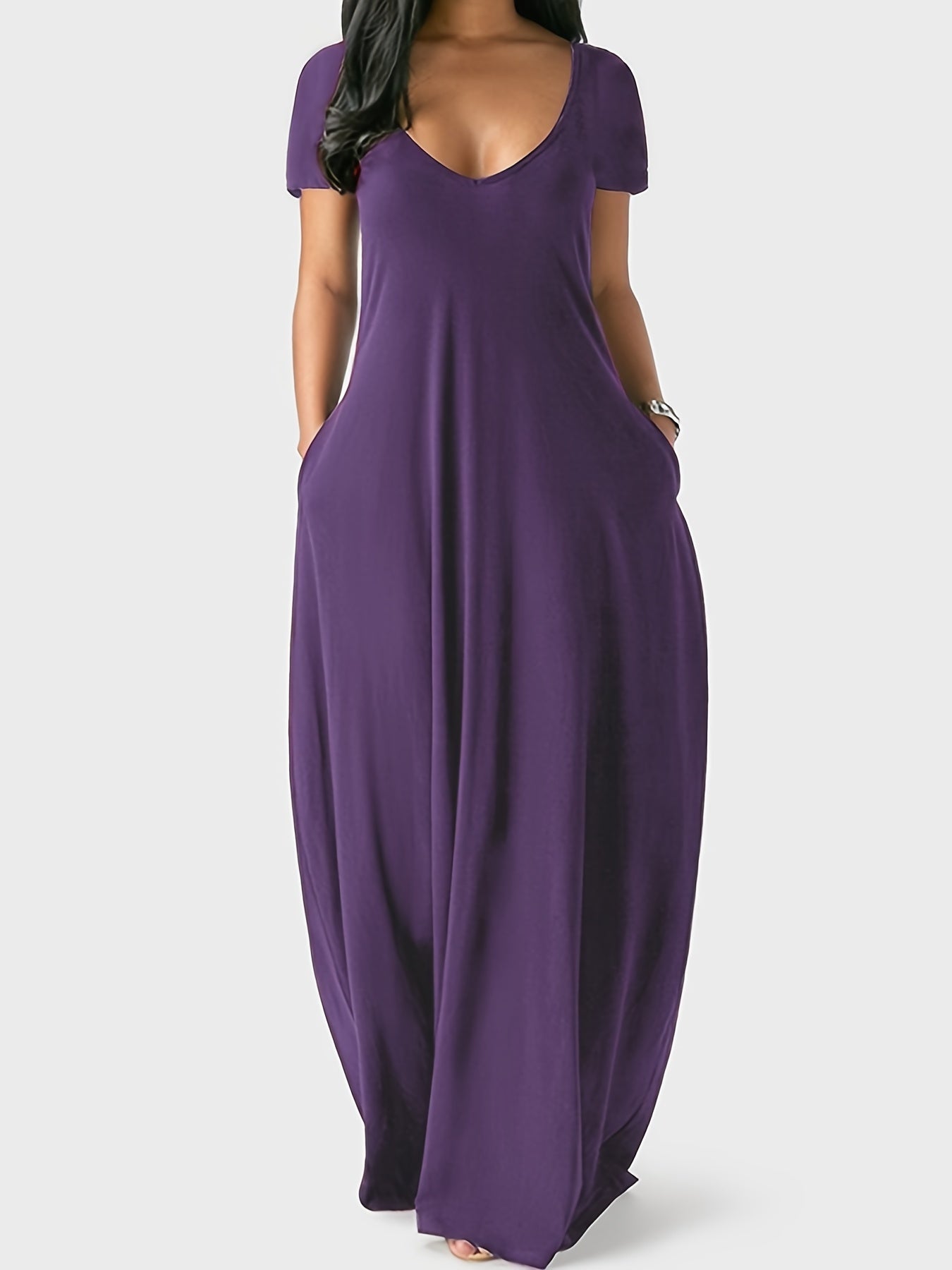 CM | Maxivestido de mujer - Corte vaporoso - Cuello en pico - Mangas cortas - Ligero con bolsillos