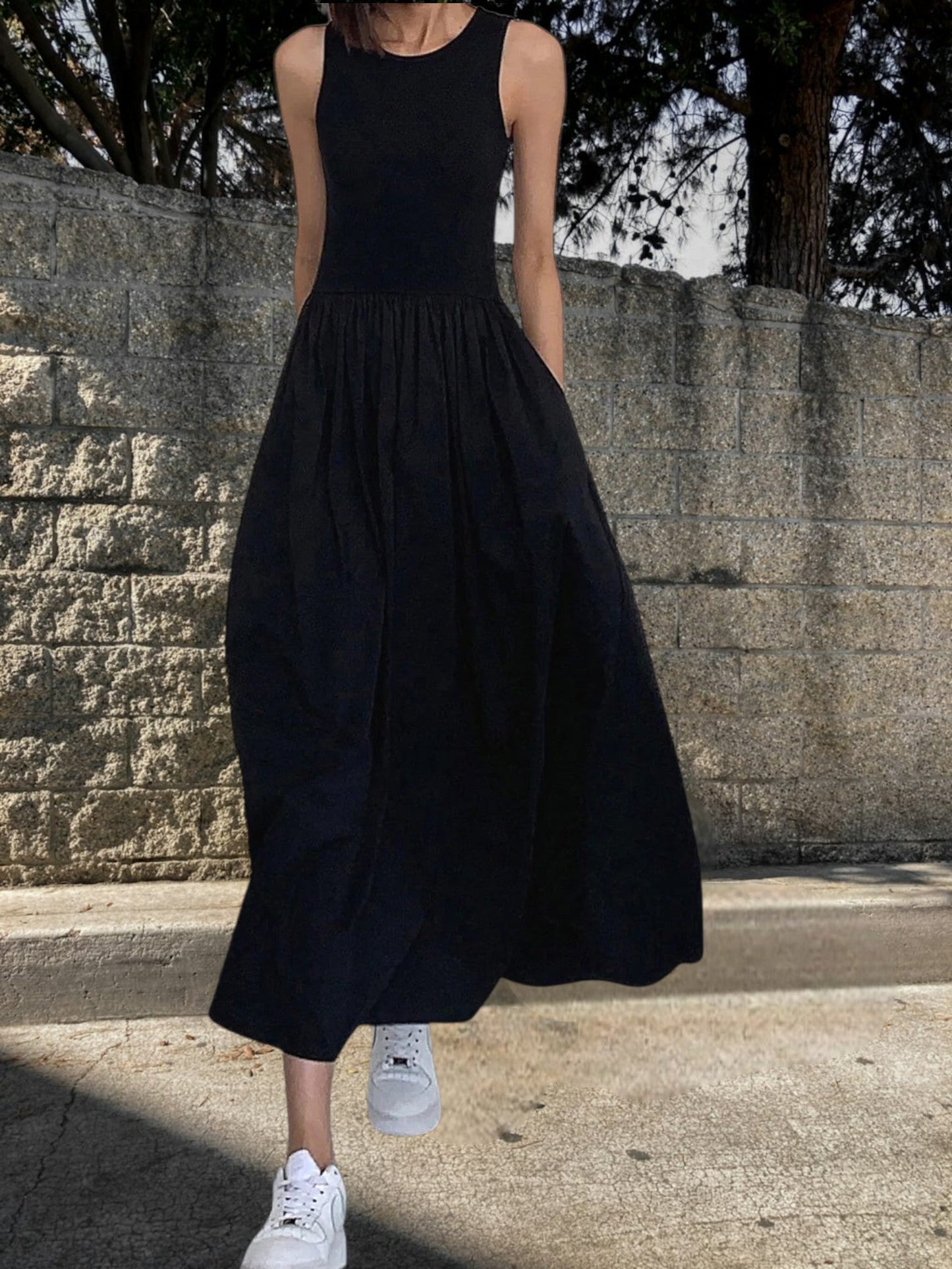 CM | Vestido largo casual de mujer en algodón con escote redondo, sin mangas, corte cómodo