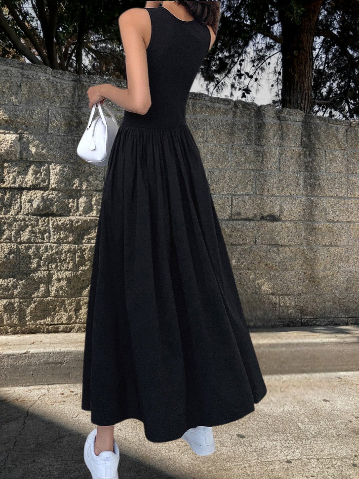 CM | Vestido largo casual de mujer en algodón con escote redondo, sin mangas, corte cómodo