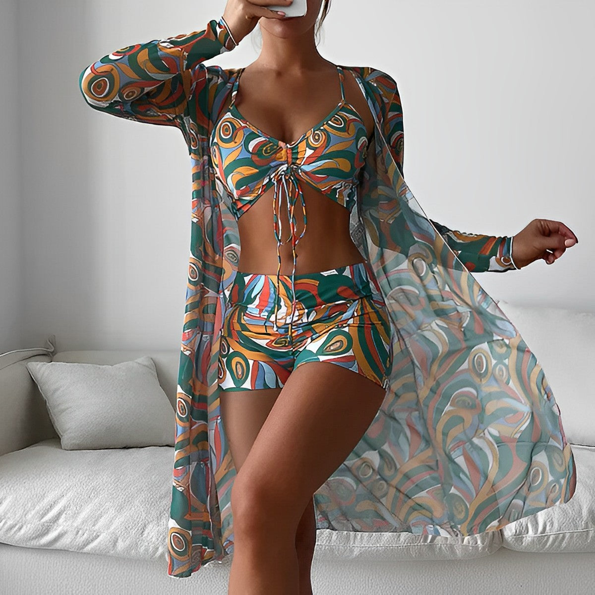 CM | Traje de baño con estampado de remolinos y superposiciones