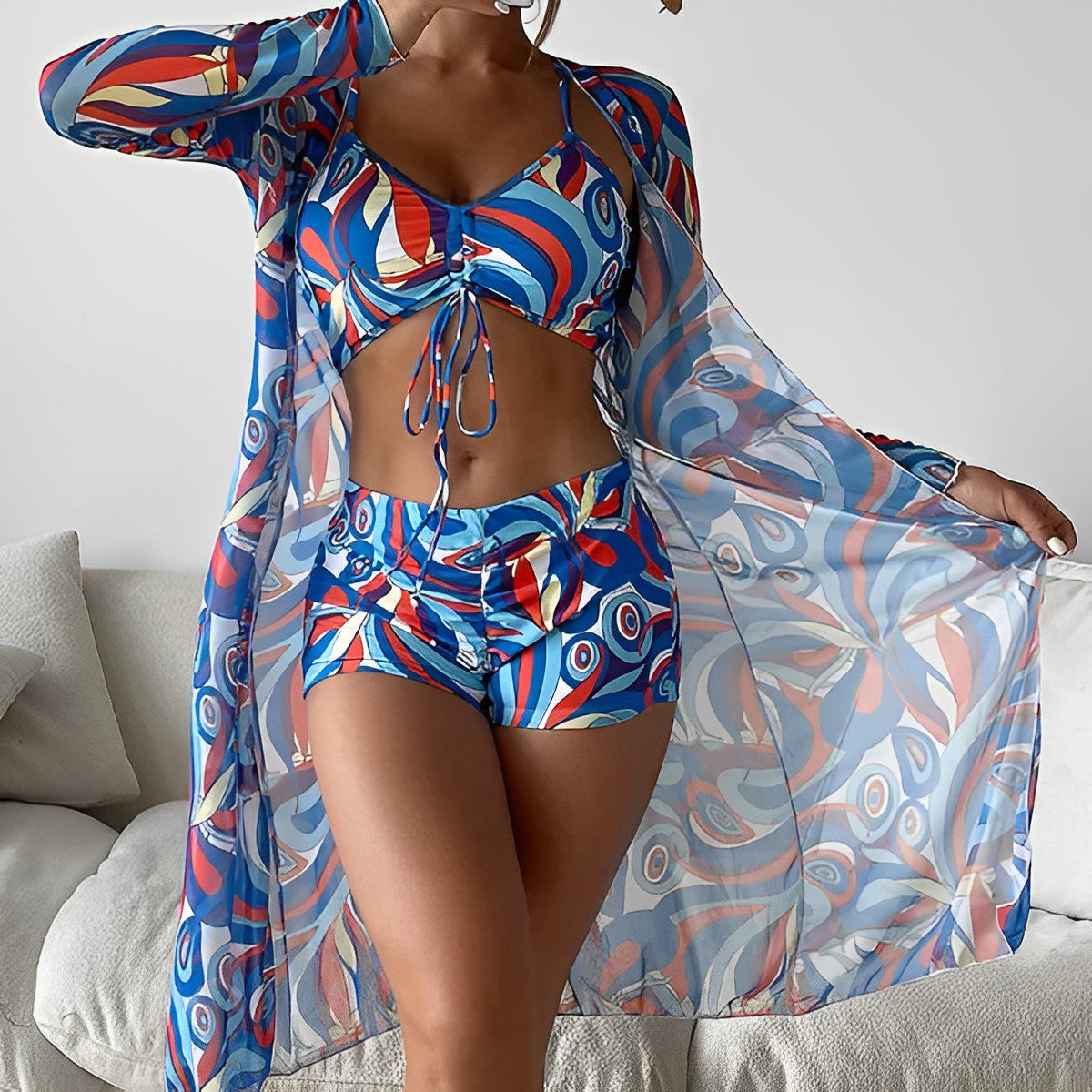 CM | Traje de baño con estampado de remolinos y superposiciones